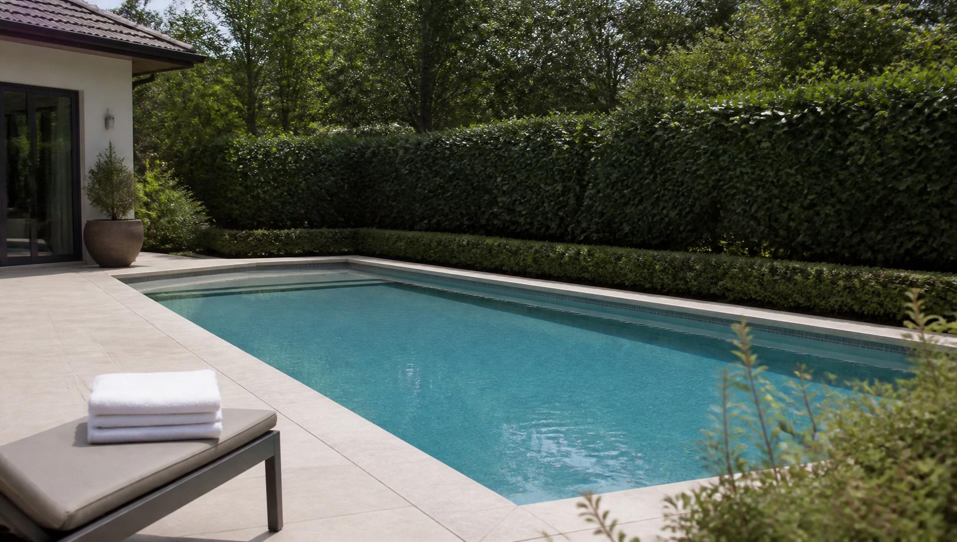 A realistic private swimming pool in a landscaped garden with a sun lounger and neatly folded towels
